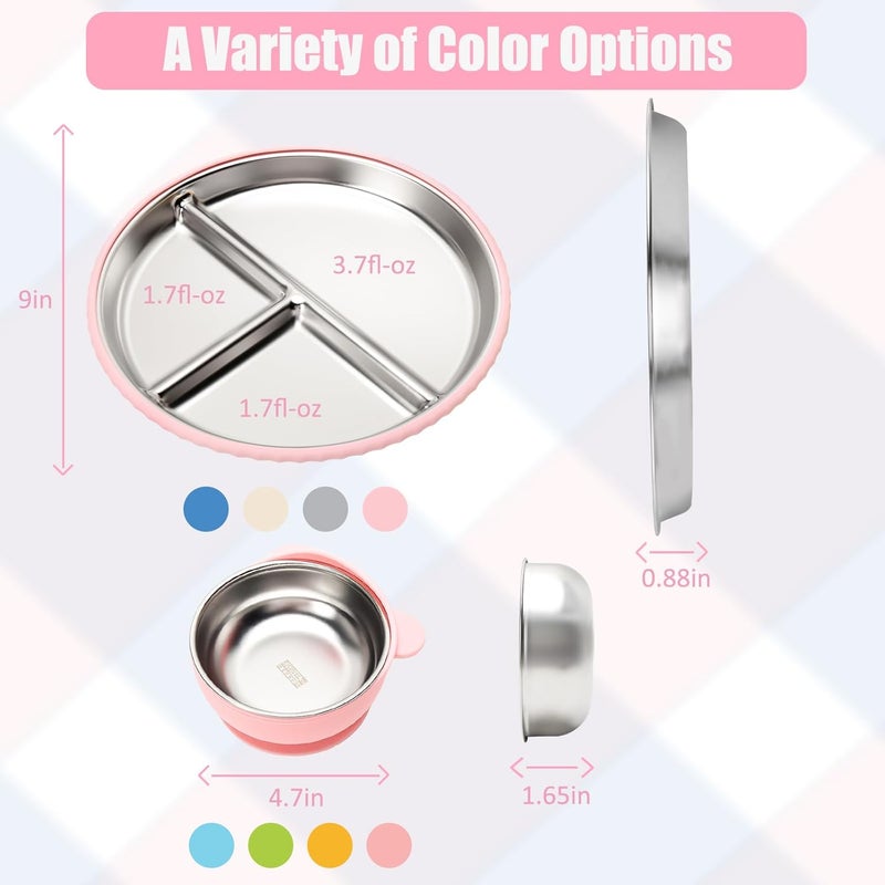 mislili Stainless Steel Kids Plates and Bowls with Suction, Divided Baby Plate and Toddler Bowl with Removable Silicone Suction, Non-Slip Baby Feeding Set Dishwasher Safe, 4 Packs - Image 2